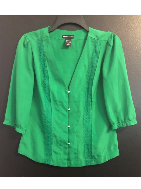 New York & Company Tops - New York & Company Emerald Green Lace-Trim Button Blouse